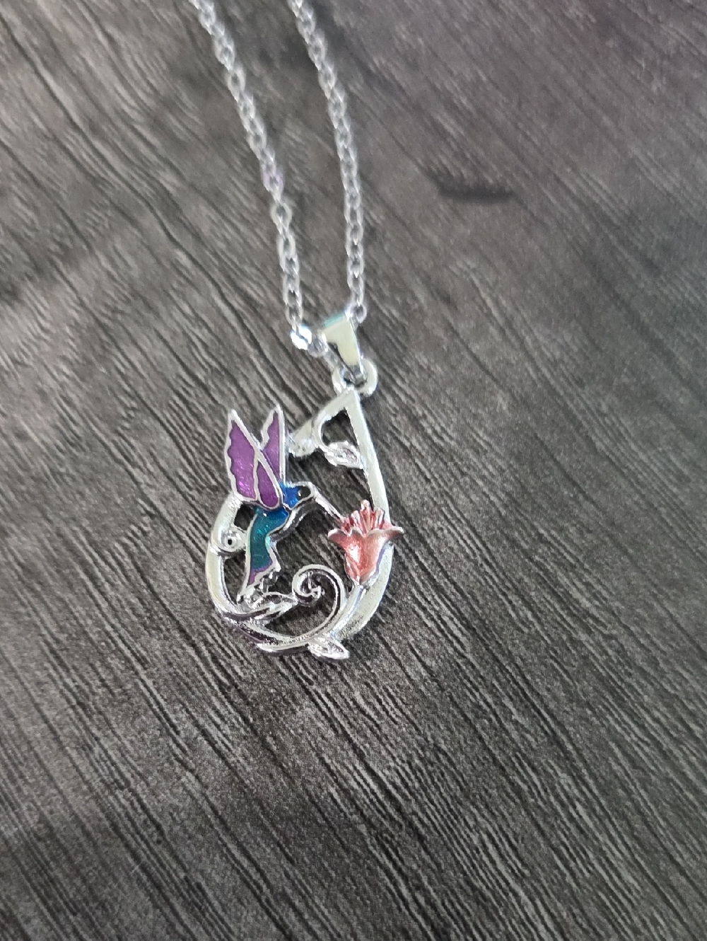 Silver-Tone Hummingbird Pendant Necklace with Purple & Teal Enamel